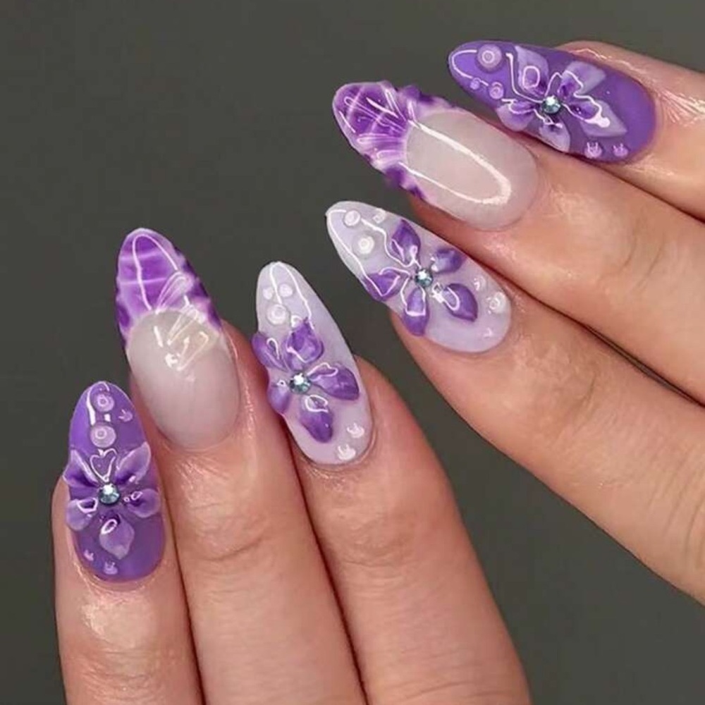Elevate Your Style With, 24pcs/Set 3dGel Nails Long Almond Flower Press On Nails